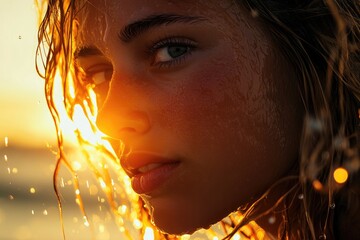 Poster - A close-up shot of a woman's face as the sun sets in the background, capturing her expression and features