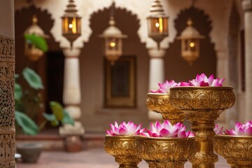Poster - Group of gold vases filled with pink flowers, ideal for decorative use or as a still life photography prop