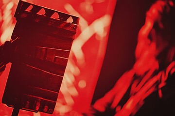 Poster - A film professional holds a movie clap in front of a bright red background, ready to capture the perfect shot