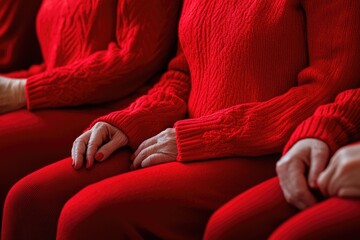 Leinwandbilder - A person sits comfortably on a bright red couch, waiting for something
