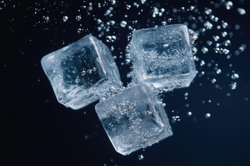 Poster - Three ice cubes float in water with air bubbles