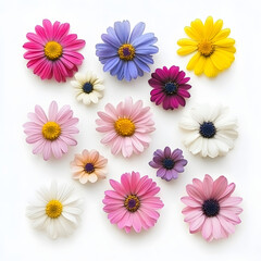 Wall Mural - A set of colorful daisy flowers isolated on a white background