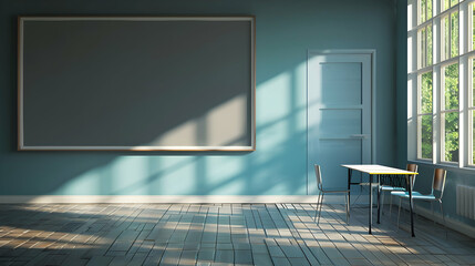 Poster - Bright and airy classroom with large windows, empty tables, and a chalkboard against a blue wall