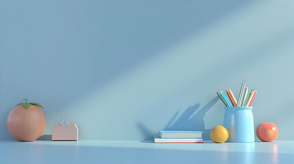 Poster - Still life composition featuring fruits, stationery, and books on a blue background with soft shadows