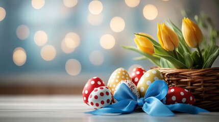 Wall Mural - Basket of eggs and a bouquet of yellow tulips sit on a table. The eggs are decorated with polka dots and the tulips are in a vase. Concept of springtime and new beginnings