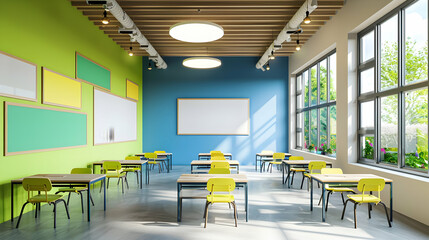 Poster - Bright and modern classroom with yellow furniture, large windows, and colorful wall panels
