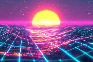 Poster - A laptop screen displaying information against a beautiful sunset background