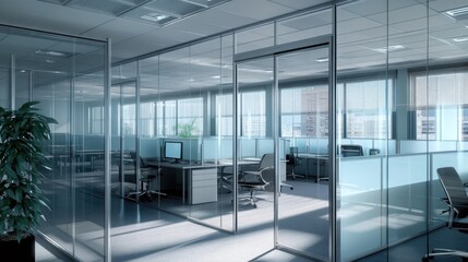Poster - An office space with modern glass walls and a potted plant, perfect for corporate or business settings