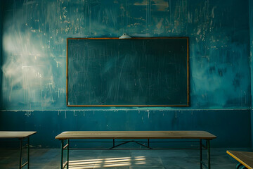 Poster - Empty classroom with blue walls and a chalkboard, sunlight casting shadows on wooden tables