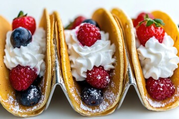 Poster - A plate of three colorful tacos filled with fruit and topped with whipped cream