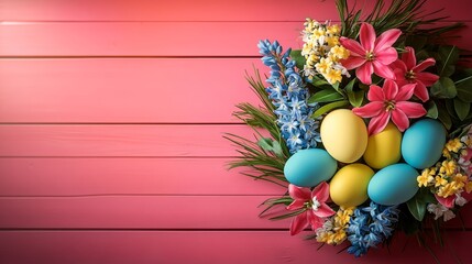 Wall Mural - Colorful arrangement of eggs and flowers on a pink background. The eggs are blue and yellow, and the flowers are pink and yellow. The arrangement is vibrant and cheerful