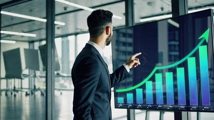 Aufkleber - Businessman presenting positive financial results, pointing at a growing graph displayed on a large interactive screen in a modern office environment, captured in slow motion