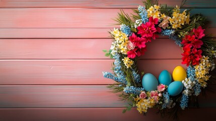 Wall Mural - Wreath with eggs and flowers on a pink background. The wreath is full of color and the eggs are blue and yellow