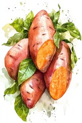 Poster - A watercolor illustration of sweet potatoes and lettuce, perfect for food or kitchen themed designs
