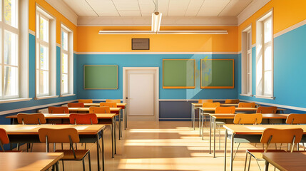 Poster - Bright and inviting classroom interior with colorful walls, desks, and natural light streaming in