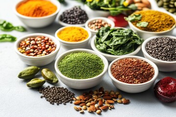 Poster - A selection of variously colored and textured bowls filled with different types of spices and herbs