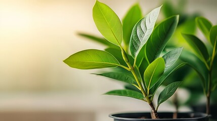 Wall Mural - Leafy green plant is in a black pot. The plant is growing and has a fresh, healthy appearance