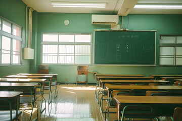 Poster - Empty classroom with green walls and wooden desks, sunlight streaming through windows