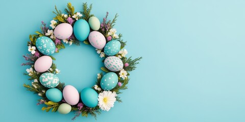 Wall Mural - Wreath of eggs and flowers on a blue background. The eggs are in different colors and sizes, and the flowers are purple. The wreath is a symbol of new life and growth