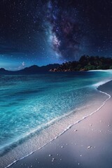 Wall Mural - beach scene with clear blue ocean and star-filled sky, suitable for travel or adventure-themed proje