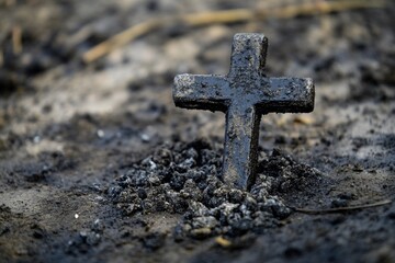 Poster - A wooden cross standing in the center of a dirt field, surrounded by nature