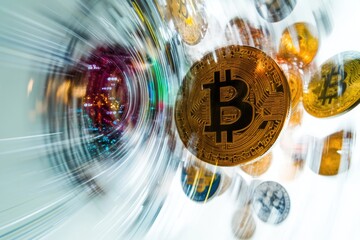 Aufkleber - A close-up view of bitcoin particles suspended in the air, with a blurred background