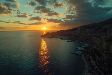 Poster - Beautiful sunset scene over calm ocean waters with warm orange and pink hues