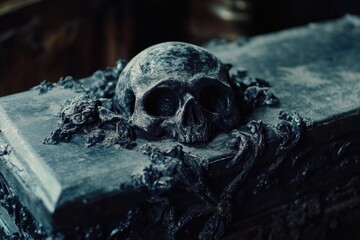 Aufkleber - A human skull sits atop a wooden box with intricate carvings