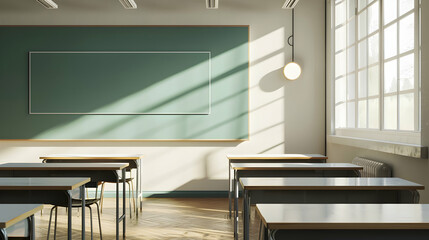 Poster - Bright classroom interior with empty desks and sunlight streaming through large windows
