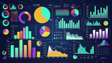 Aufkleber - Colorful animated infographics displaying financial statistics through dynamic bar graphs, pie charts, and line graphs representing market trends and performance indicators on dark blue background