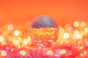 Poster - A shiny disco ball sits atop a pile of colorful tinsel, perfect for party decorations or festive photography