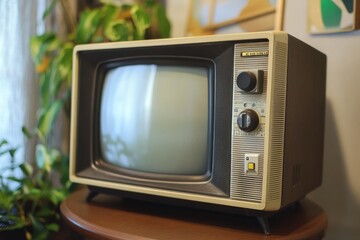 Poster - A small television sitting on a wooden table, ideal for decorating or storytelling purposes