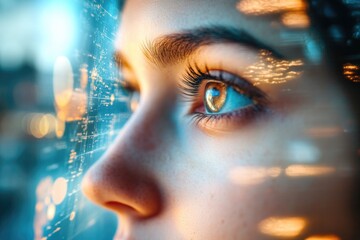 Aufkleber - A close-up shot of a person's eye with a city skyline in the background, perfect for representing perspective or urban life