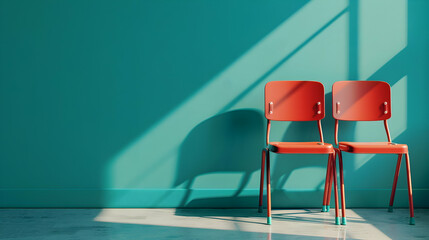 Poster - Two vibrant red chairs positioned against a teal wall, casting shadows in a bright room