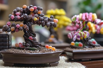 Poster - A creative dessert display featuring a bonsai tree made from chocolate and candy