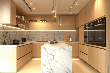 Poster - A modern kitchen with a marble countertop and wooden cabinets