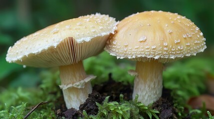 Aufkleber - A pair of mushrooms growing on a moss-covered surface