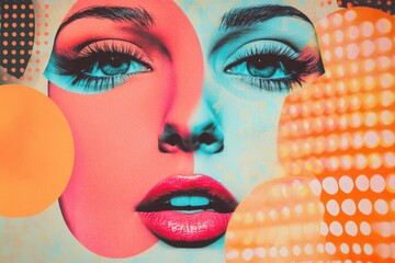 Poster - Close-up of a woman's face with a colorful polka dot background, great for lifestyle or fashion concepts