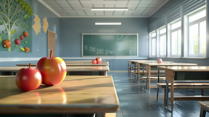 Poster - Bright classroom with wooden tables, colorful apples on desks, and a chalkboard in the background