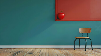 Poster - A minimalist interior scene featuring a red apple on a bright frame and a wooden chair