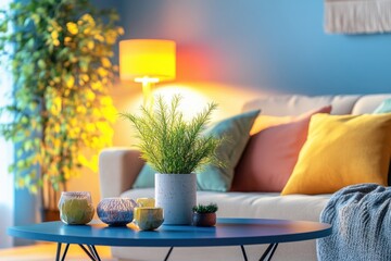 Poster - A cozy living room with a couch and table, suitable for interior design and lifestyle photography