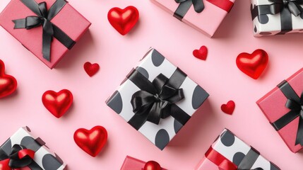 Poster - Pink background with numerous gift boxes and hearts, perfect for Valentine's Day or wedding designs
