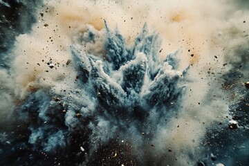Poster - A massive explosion of smoke and dust fills the air, with debris and ash scattered everywhere
