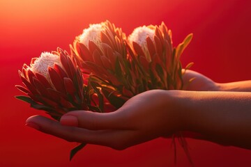 Poster - A person grasping a collection of flowers, perfect for use in illustrations about friendship, celebration, or everyday life