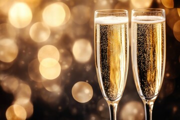 Poster - A pair of champagne glasses on a table with colorful lights in the background, perfect for toasting special occasions