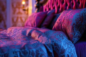 Canvas Print - A close-up view of a bed featuring a purple and blue comforter