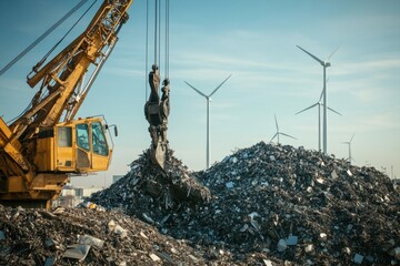 Poster - Crane lifting trash, environmental cleanup scene