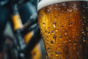 Poster - A detailed view of a cold glass of beer with foam and condensation