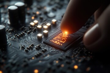 Poster - a close-up shot of a person's finger touching a circuit board, highlighting the intricate details an