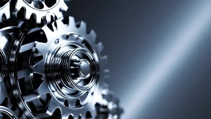 Poster - Polished metal gears interlock and rotate smoothly in slow motion, showcasing precision engineering and industrial mechanics against a gradient background